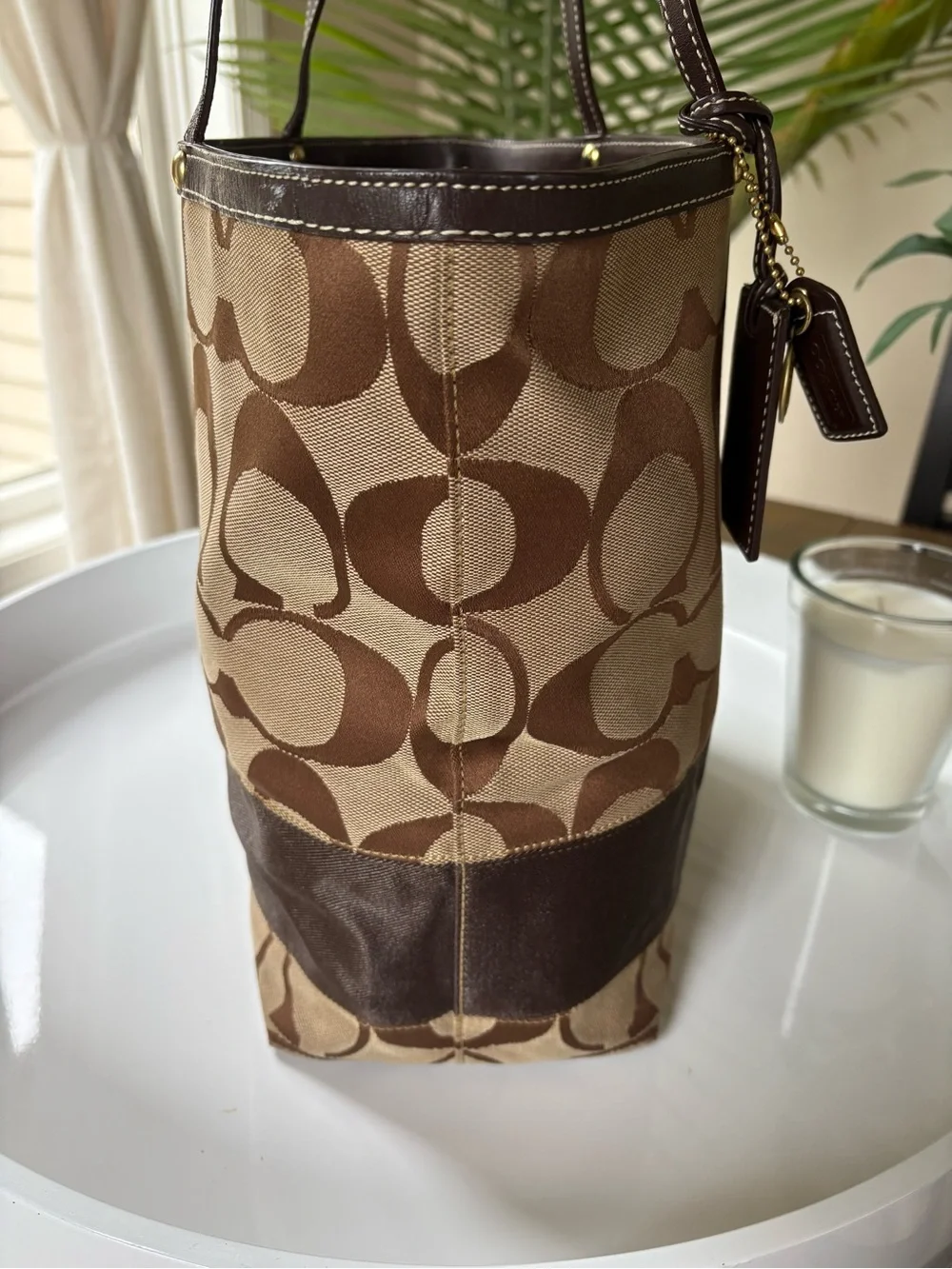 Coach Vintage Brown Signature Canvas Tote Bag Brown Leather Trim Style 10125
